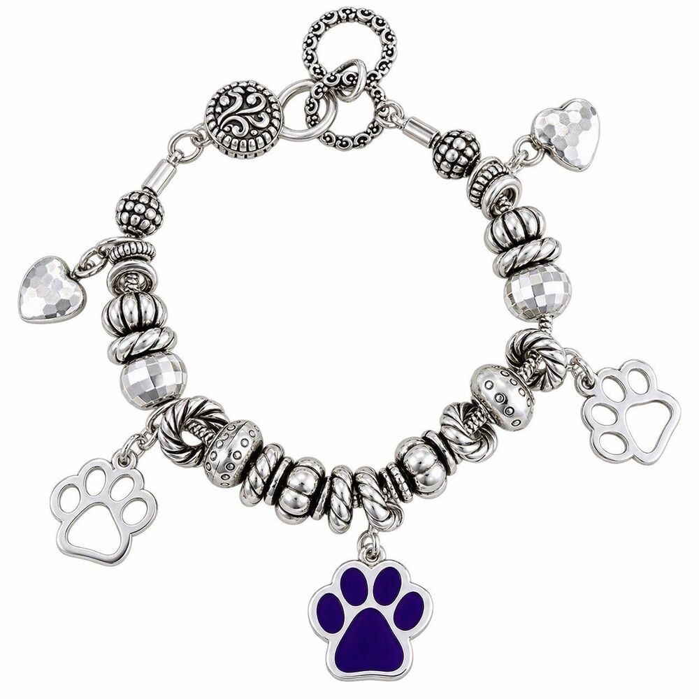 Silver Beaded Charm Bracelet Purple Paw Print Hearts Dog Cat Pet Lover Gift